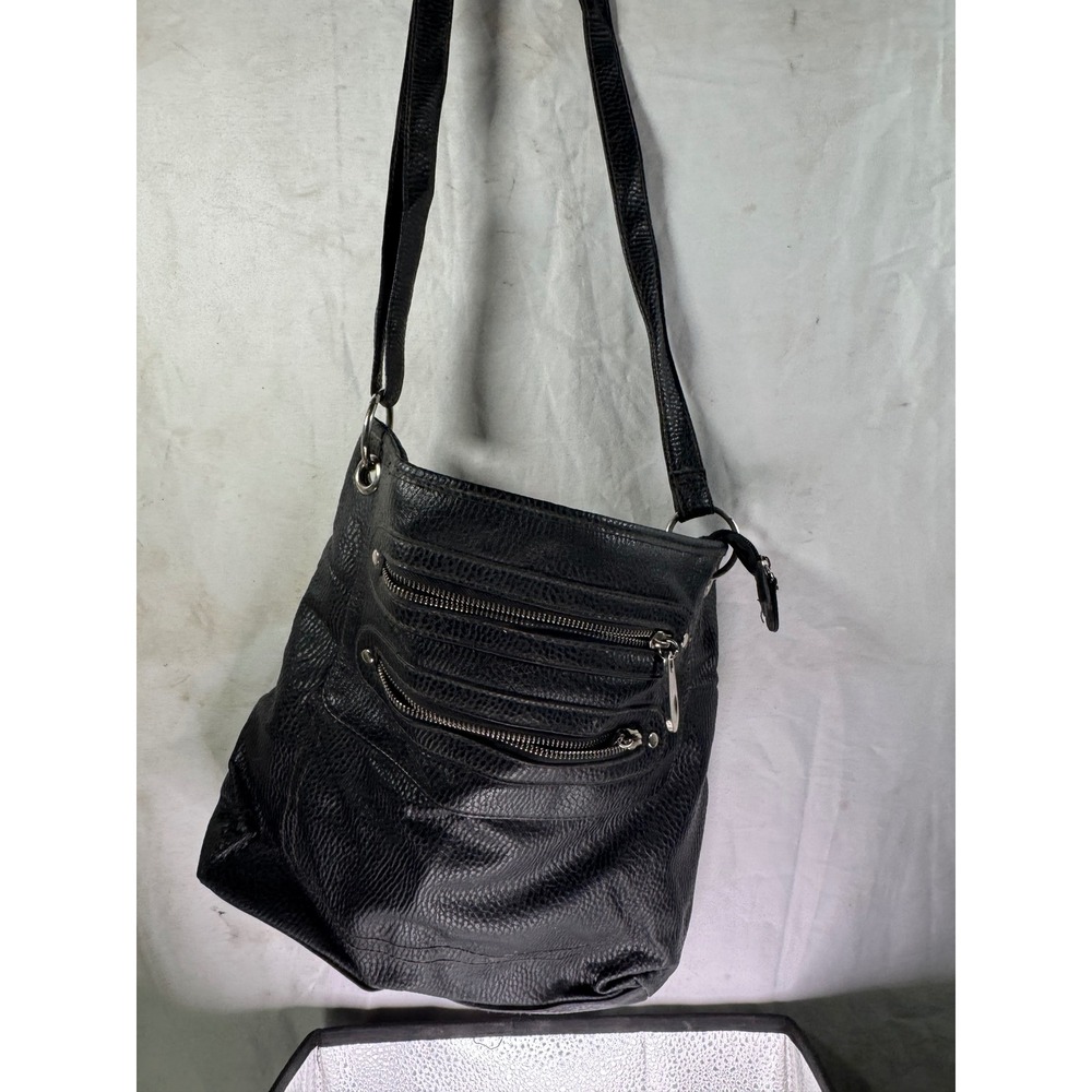 Black Pebbled Vegan Leather Multi Zip Crossbody Bag Silver Hardware Hobo Purse